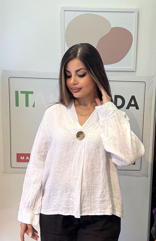 Beyaz, %100 Keten, V Yaka Düğme Detaylı Gömlek, STD Beden, 38-46