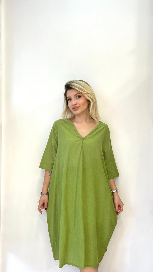Yeşil, %100 Pamuk, Cepli, V Yaka Elbise