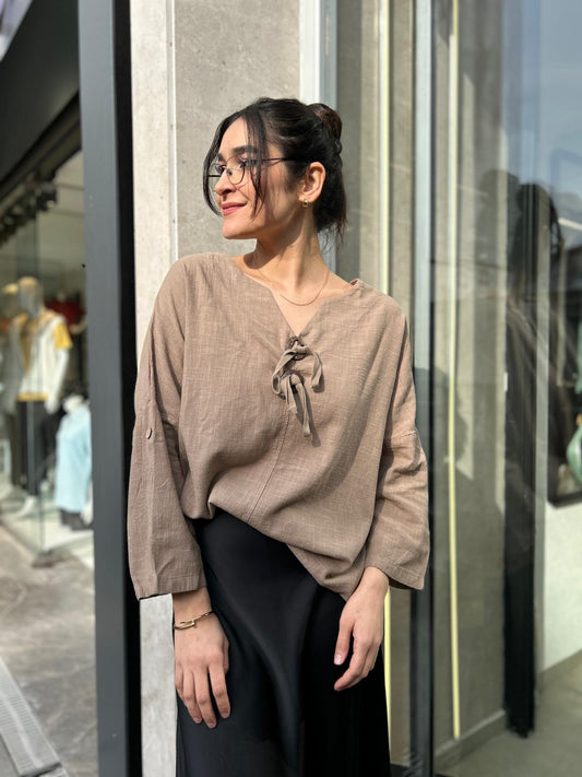 Bej, %100 Pamuk, Bağcık Detaylı, Dokulu Bluz/Gömlek / STD Beden, 36/42