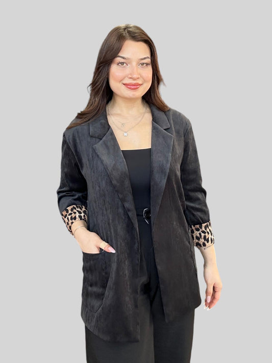 Siyah, Leopar Desen Astarlı, Süet Dokulu Ceket