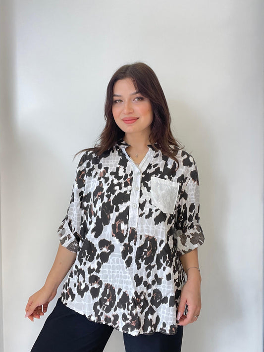 Beyaz, %100 Viskon, Karışık Leopar Desenli, Payetli Gömlek