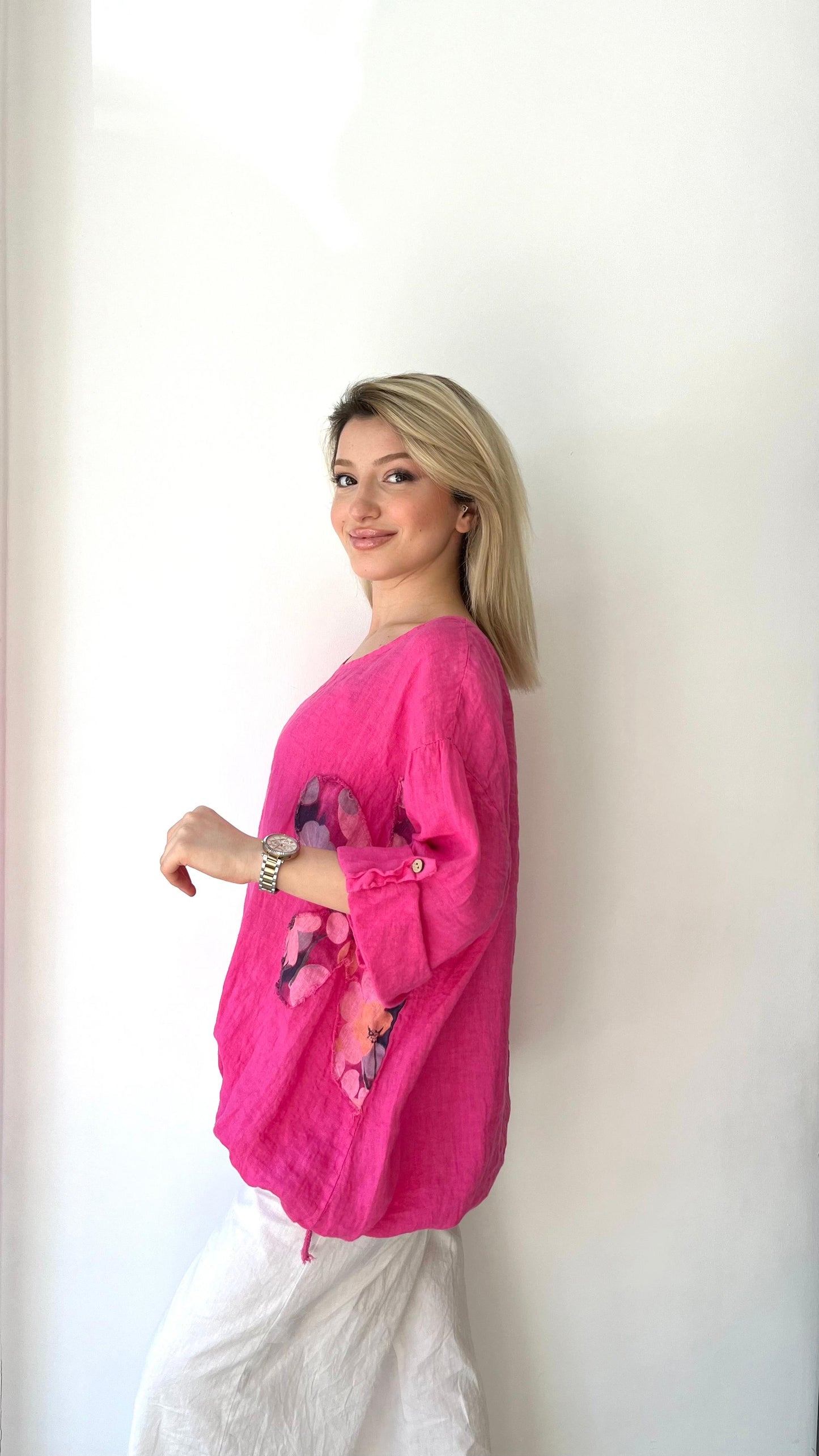 Pembe, %100 Keten, Beli İp Bağlamalı, Çiçek Baskılı Gömlek