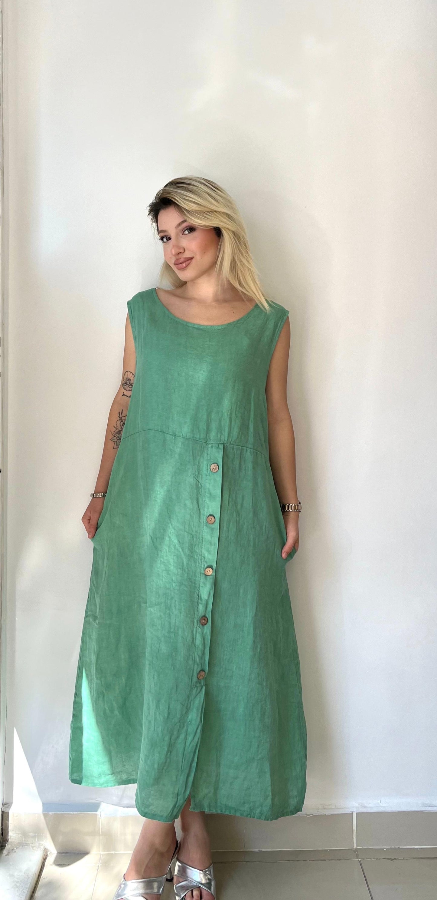 Yeşil, %100 Keten, Düğme Detaylı Elbise, STD Beden, 38-46