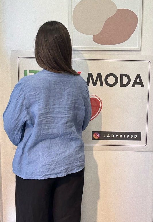 Mavi, %100 Keten, V Yaka Düğme Detaylı Gömlek, STD Beden, 38-46