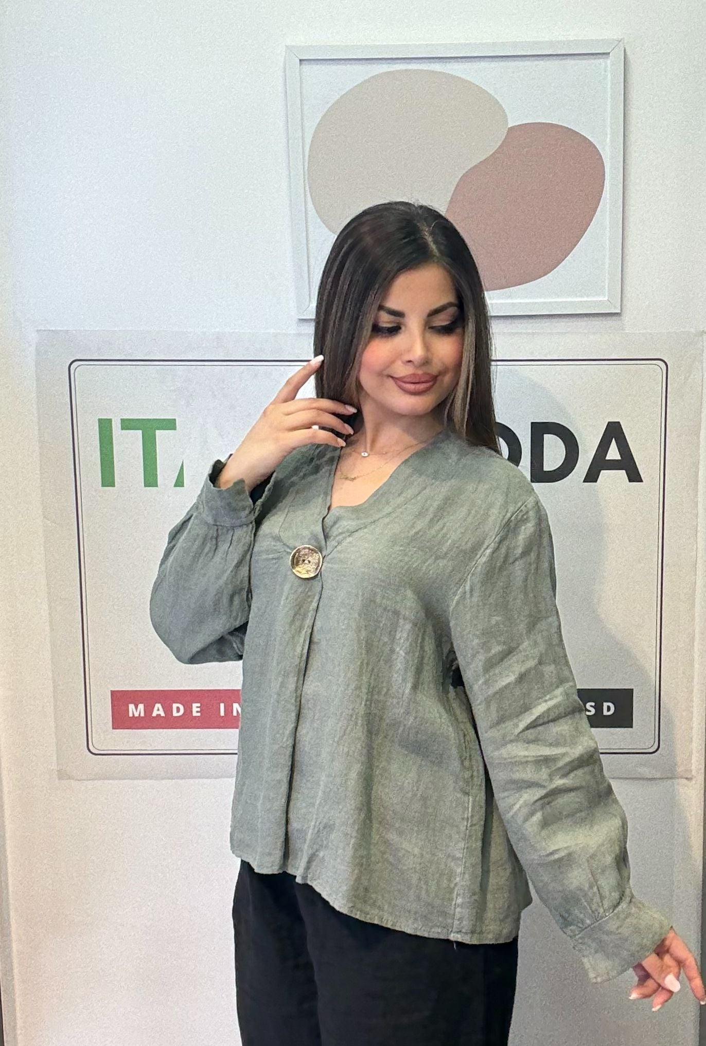 Haki, %100 Keten, V Yaka Düğme Detaylı Gömlek, STD Beden, 38-46