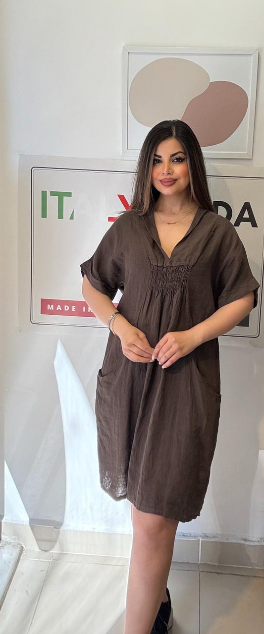 Kahve, %100 Keten, V Yaka, Cepli, Gipeli, İtalyan Elbise / STD Beden-38/46