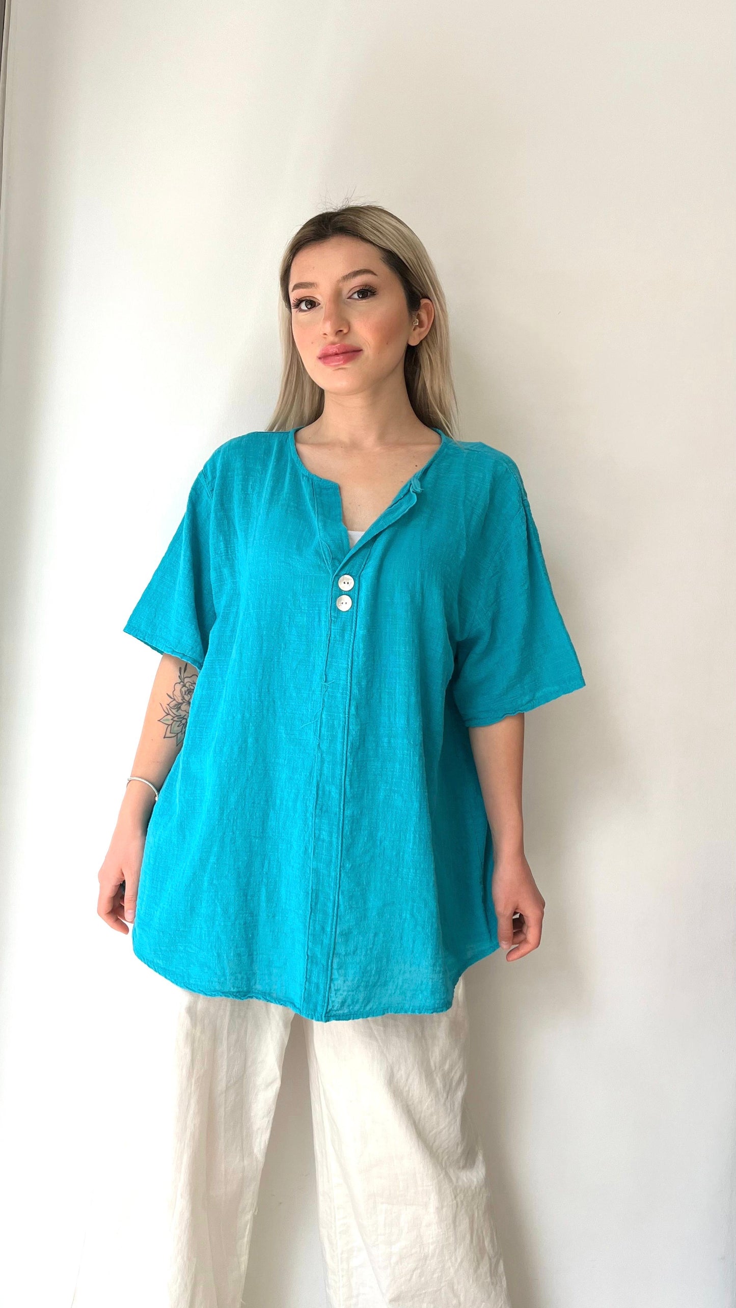 Açık Petrol Mavisi, %100 Pamuk Bluz