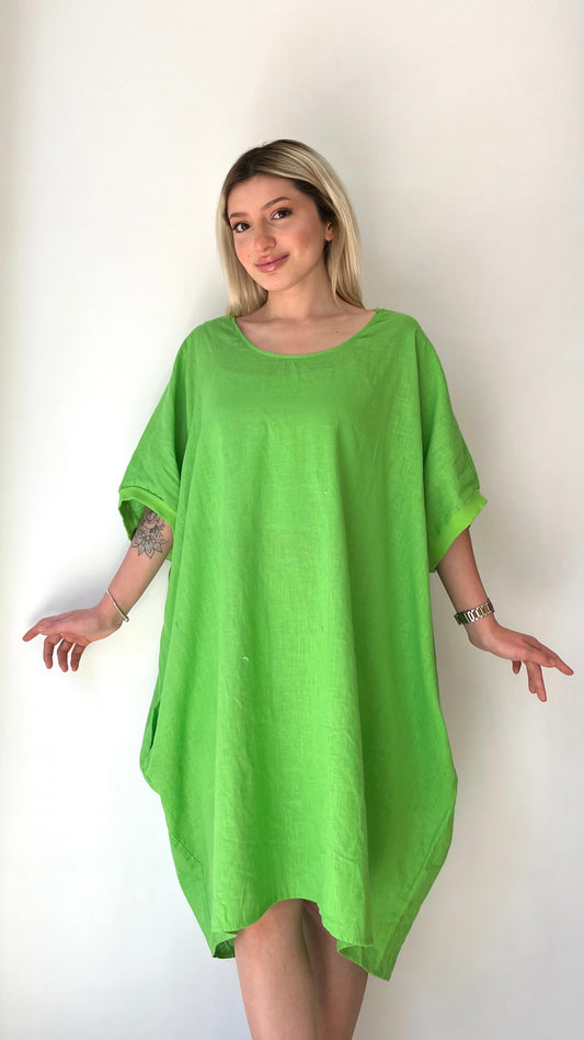 Fıstık Yeşili, Sırtı Örgü Dantelli, Cepli, Keten-Pamuk Oversize Elbise