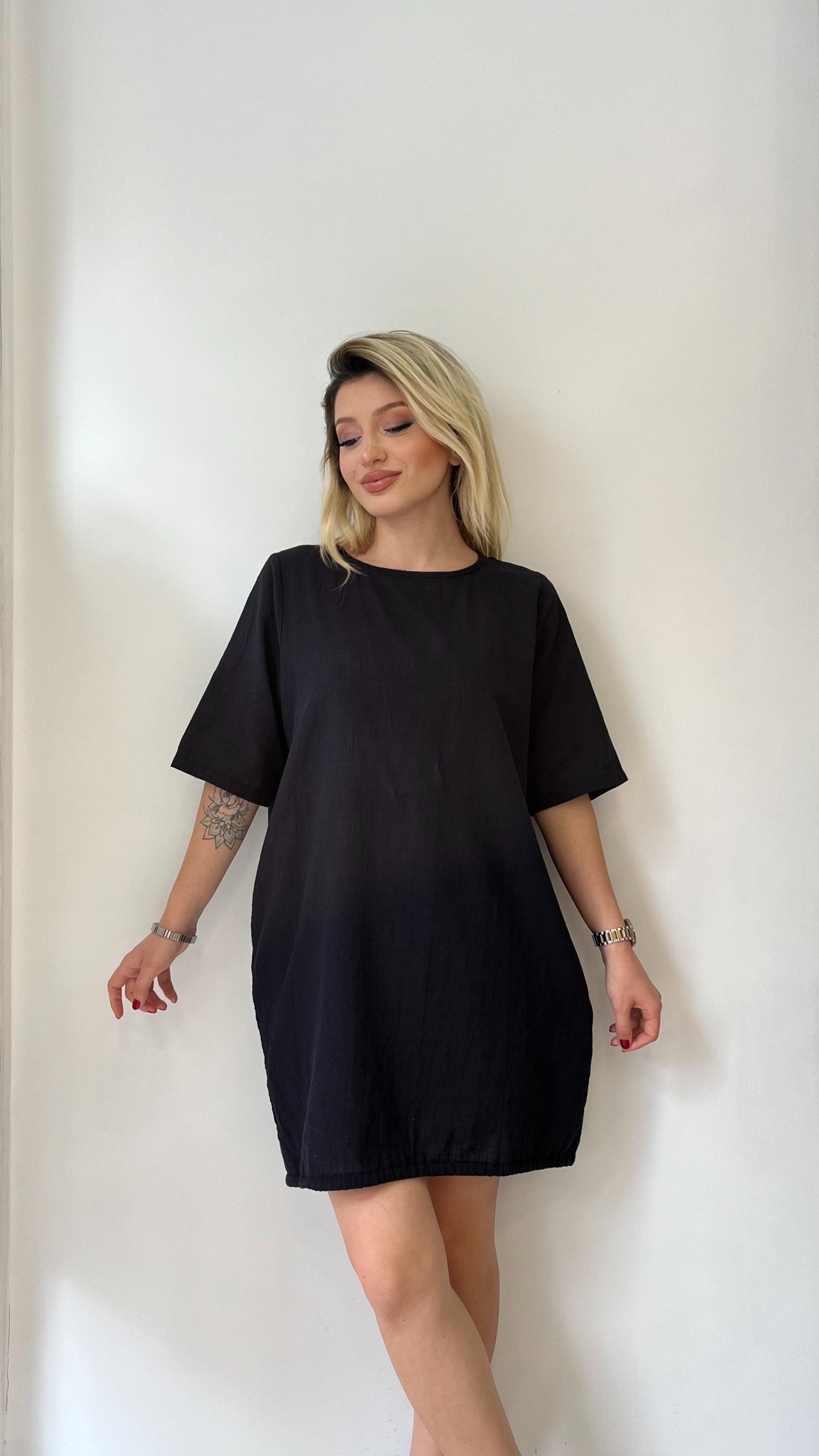 Siyah, %100 Pamuk, Etek Kısmı İp Ayarlı, Cepli, Kısa Elbise