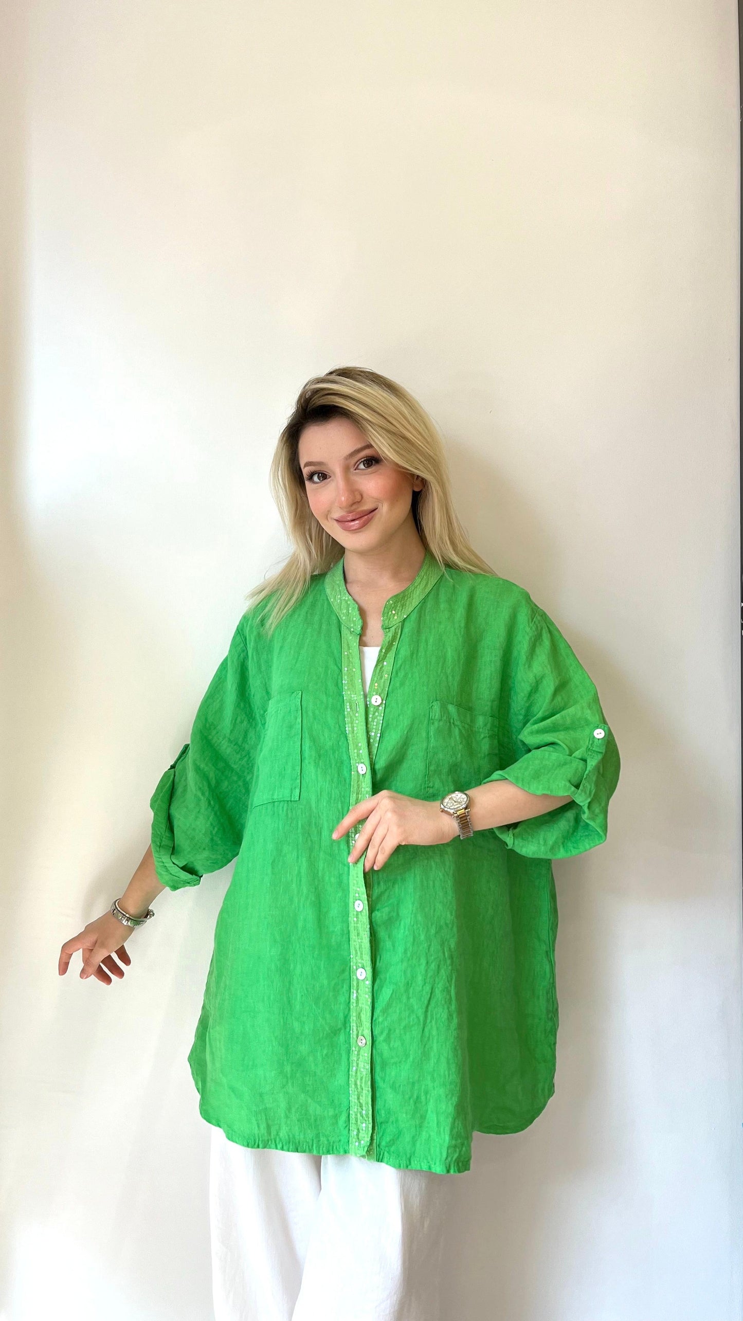 Yeşil, %100 Keten, Sırtı Dantel Detaylı Gömlek