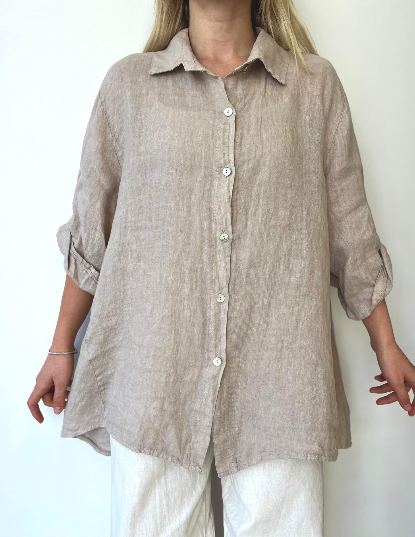 Bej, %100 Keten, Arkası Uzun Gömlek