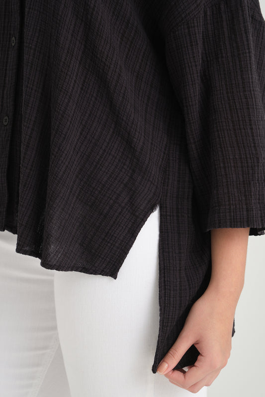 Siyah, Loose Fit %100 Pamuk V Yaka, Dokulu Gömlek