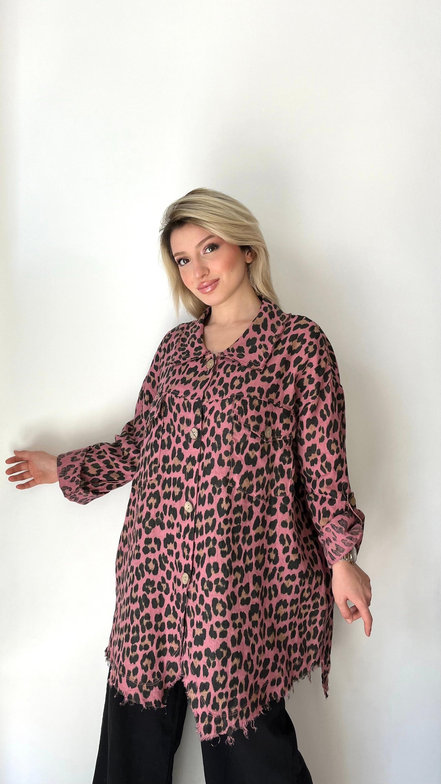 Pembe, %100 Keten, Leopar Desenli Gömlek Ceket