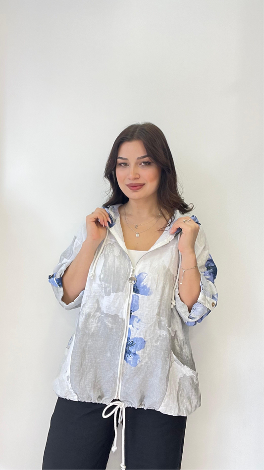 Beyaz, %100 Keten, Kapüşonlu, Beli İp Bağlamalı, Cepli, Çiçek Desenli Ceket