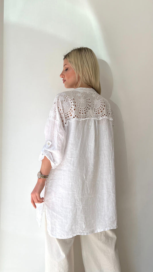 Beyaz, Pamuk Fisto Detaylı, Payetli Keten Gömlek