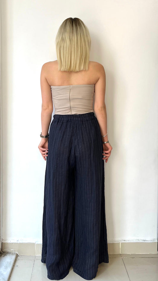 Lacivert, %100 Keten, Çizgili, Beli Lastikli, Cepli, Bol Paça Pantolon