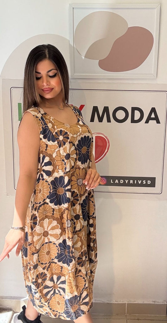 Camel, %100 Pamuk, Çiçekli, Cepli, İtalyan Elbise / STD Beden-38/46