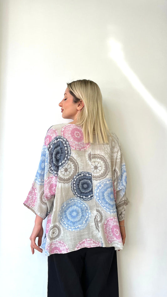 Bej, Batik Desenli, %100 Pamuk, Oversize Bluz