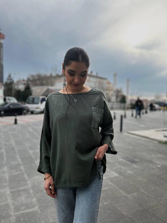 Haki, %100 Pamuk, Cep Kısmı Payet İşli, Beli İp Ayarlı, Dokulu Bluz/Gömlek / STD Beden, 36/42