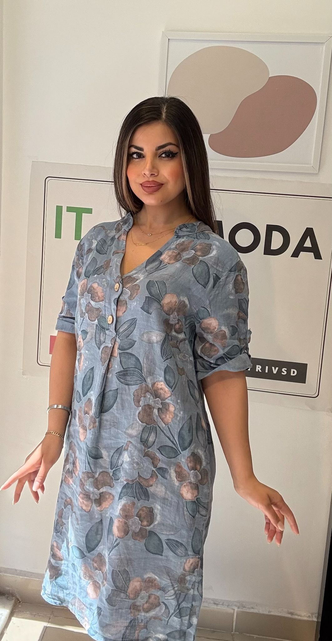 Mavi, Çiçekli, %100 Keten İtalyan Elbise, Bol Kesim, V Yaka, Cepli / STD Beden-38/46