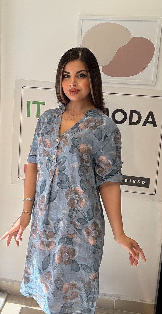 Mavi, Çiçekli, %100 Keten İtalyan Elbise, Bol Kesim, V Yaka, Cepli / STD Beden-38/46