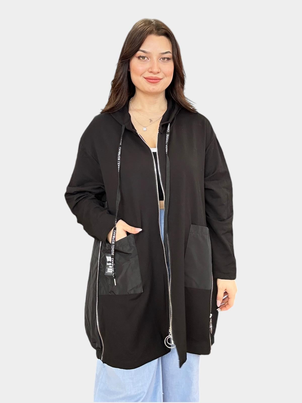 Siyah, Pamuklu, Kapüşonlu, Fermuarlı Sweatshirt