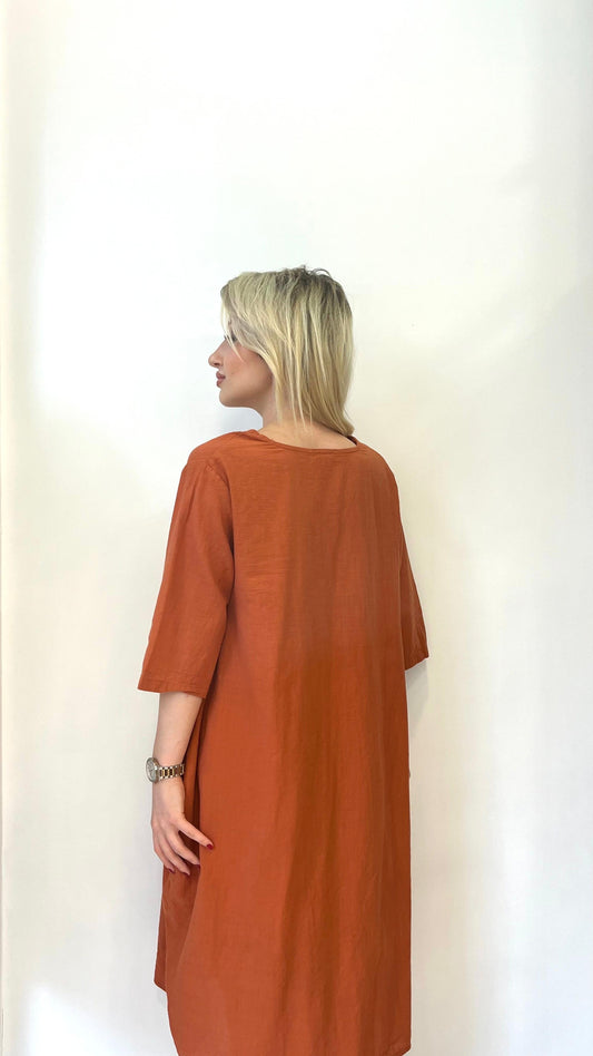 Kiremit, %100 Pamuk, Cepli, V Yaka Elbise