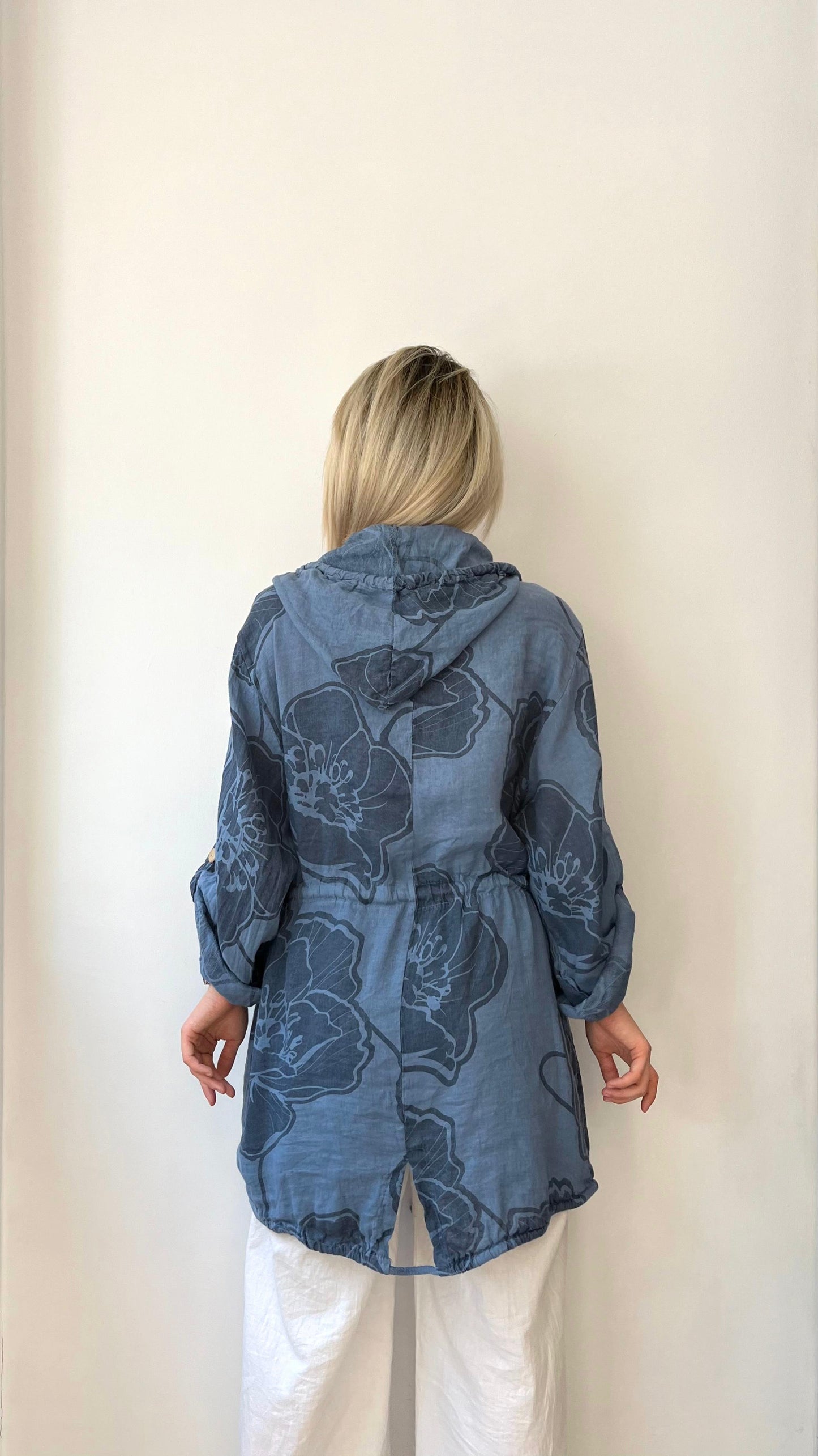 İndigo Mavi, %100 Keten, Kapüşonlu, Beli İp Bağlamalı, Cepli, Çiçek Desenli Ceket