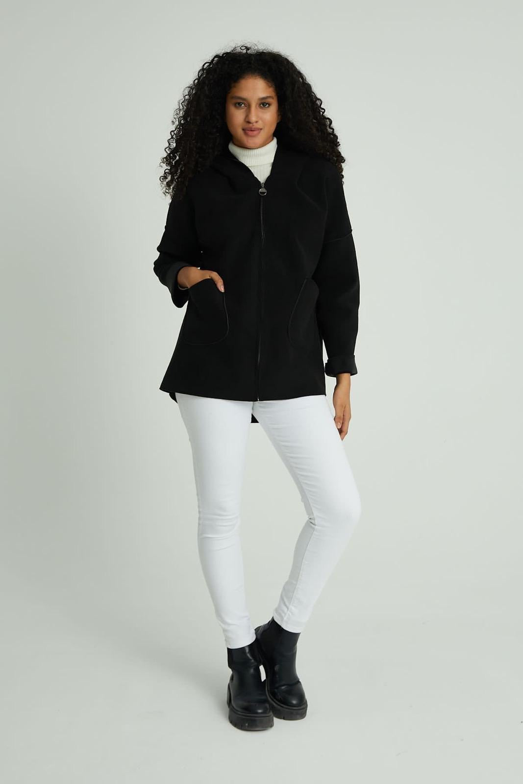 Siyah, Kapüşonlu, Nubuk Süet Dokulu Kaban