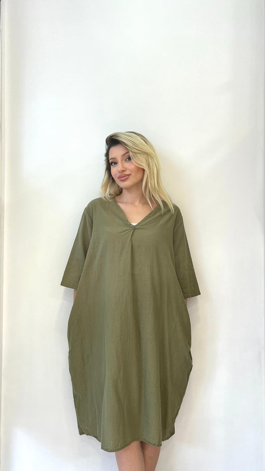 Haki, %100 Pamuk, Cepli, V Yaka Elbise