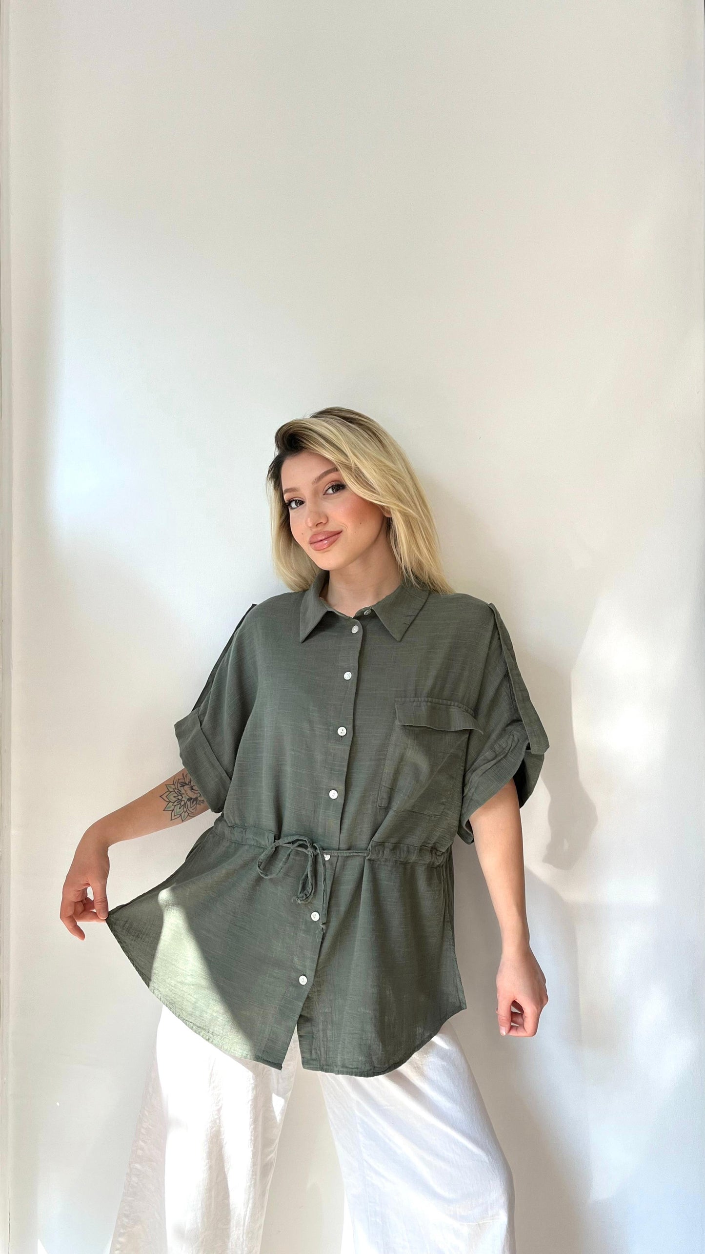 Haki, %100 Pamuk, Beli İp Ayarlı, Kısa Kol, Safari Gömlek