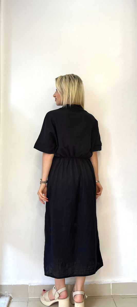 Siyah, %100 Pamuk, Beli İp Bağlamalı, Cepli Elbise