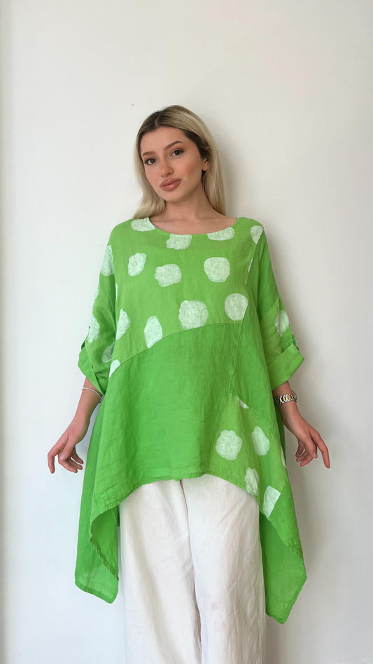 Fıstık Yeşili, Puantiyeli, Oversize Keten Bluz