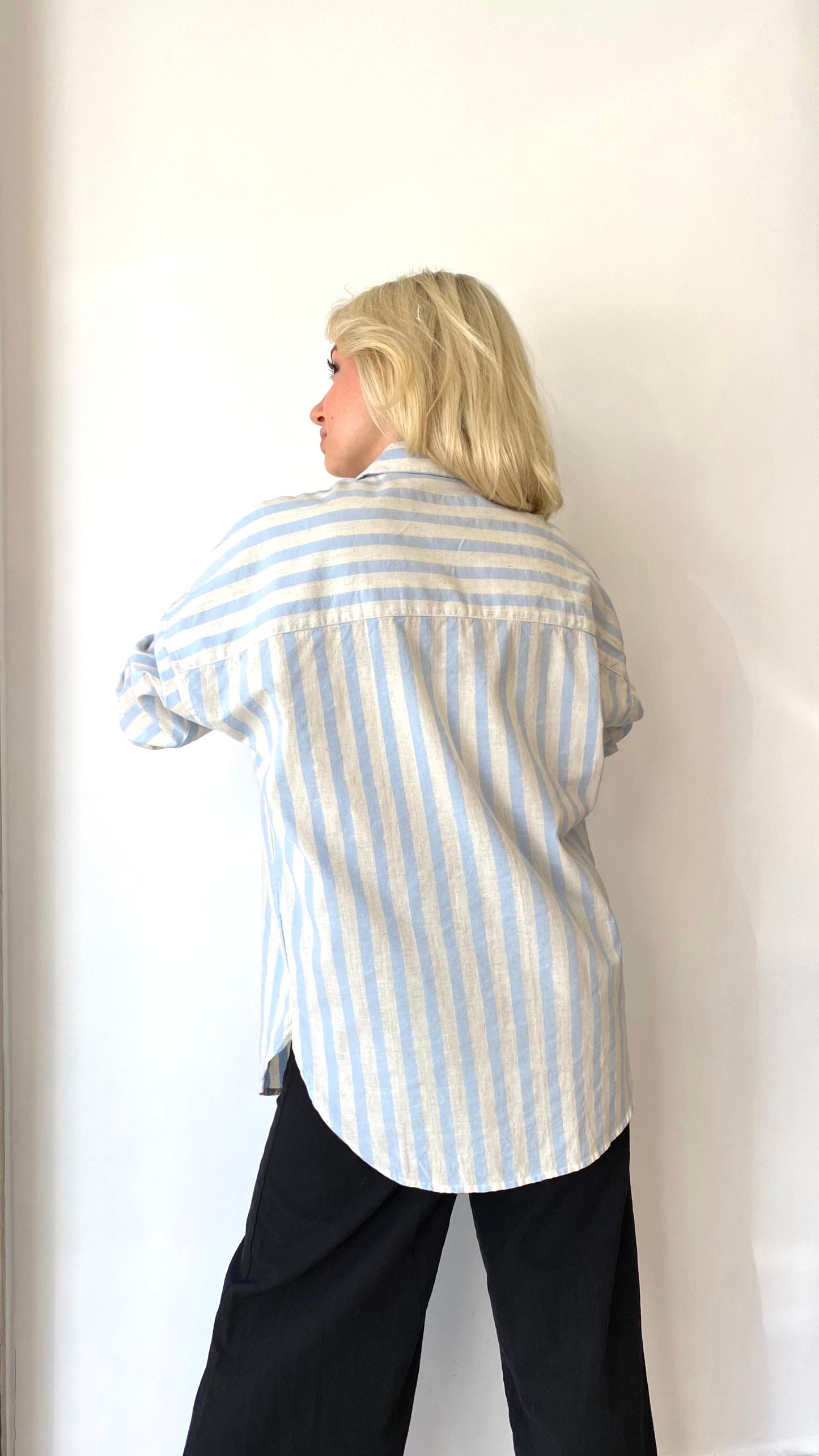 Açık Mavi, Çizgili, Oversize Gömlek