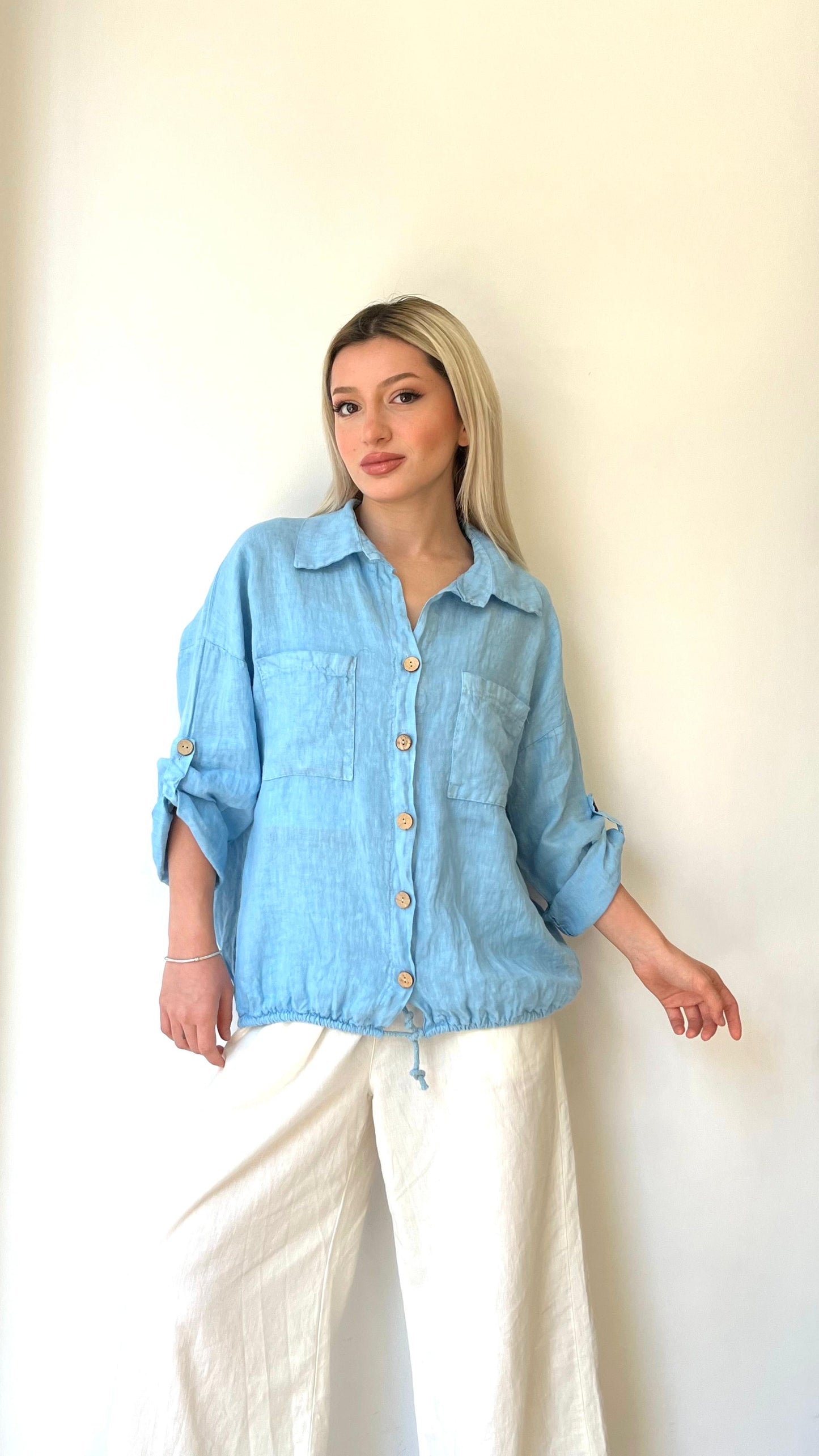 Açık Mavi, %100 Keten, Beli İp Bağlamalı Gömlek