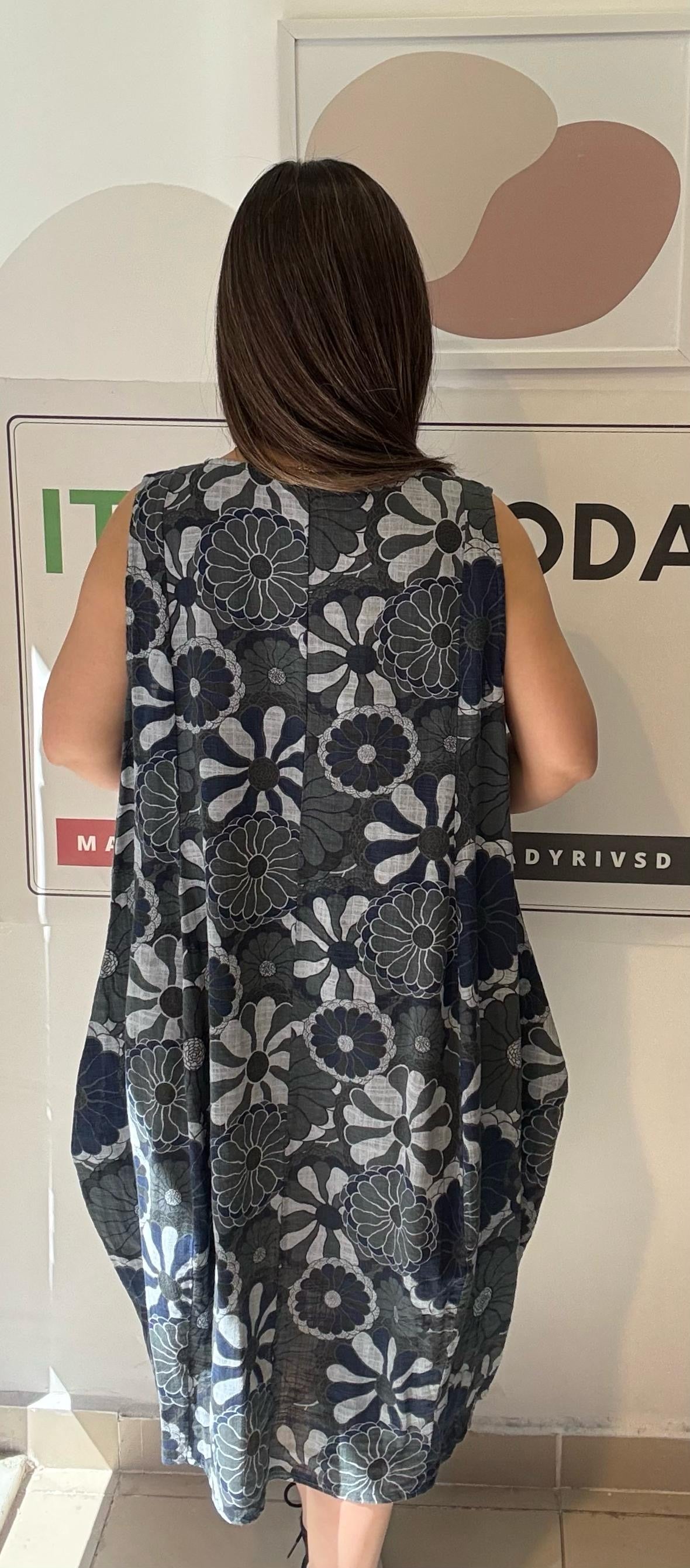 Antrasit, %100 Pamuk, Çiçekli, Cepli, İtalyan Elbise / STD Beden-38/46