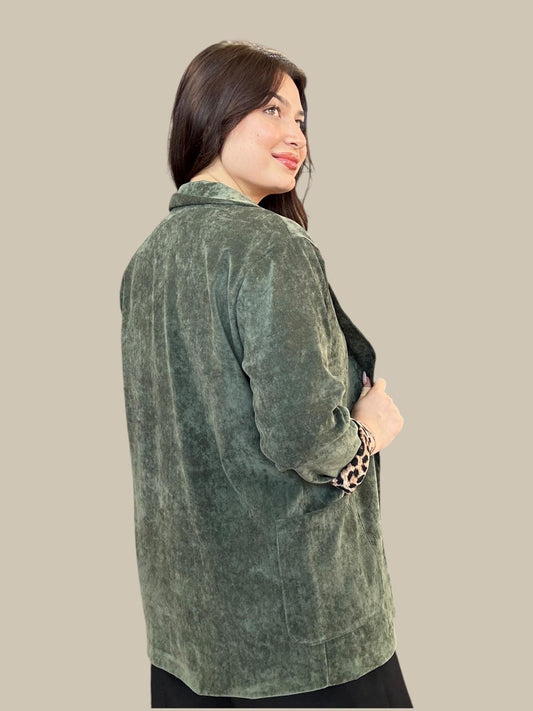 Yeşil, Leopar Desen Astarlı, Süet Dokulu Ceket