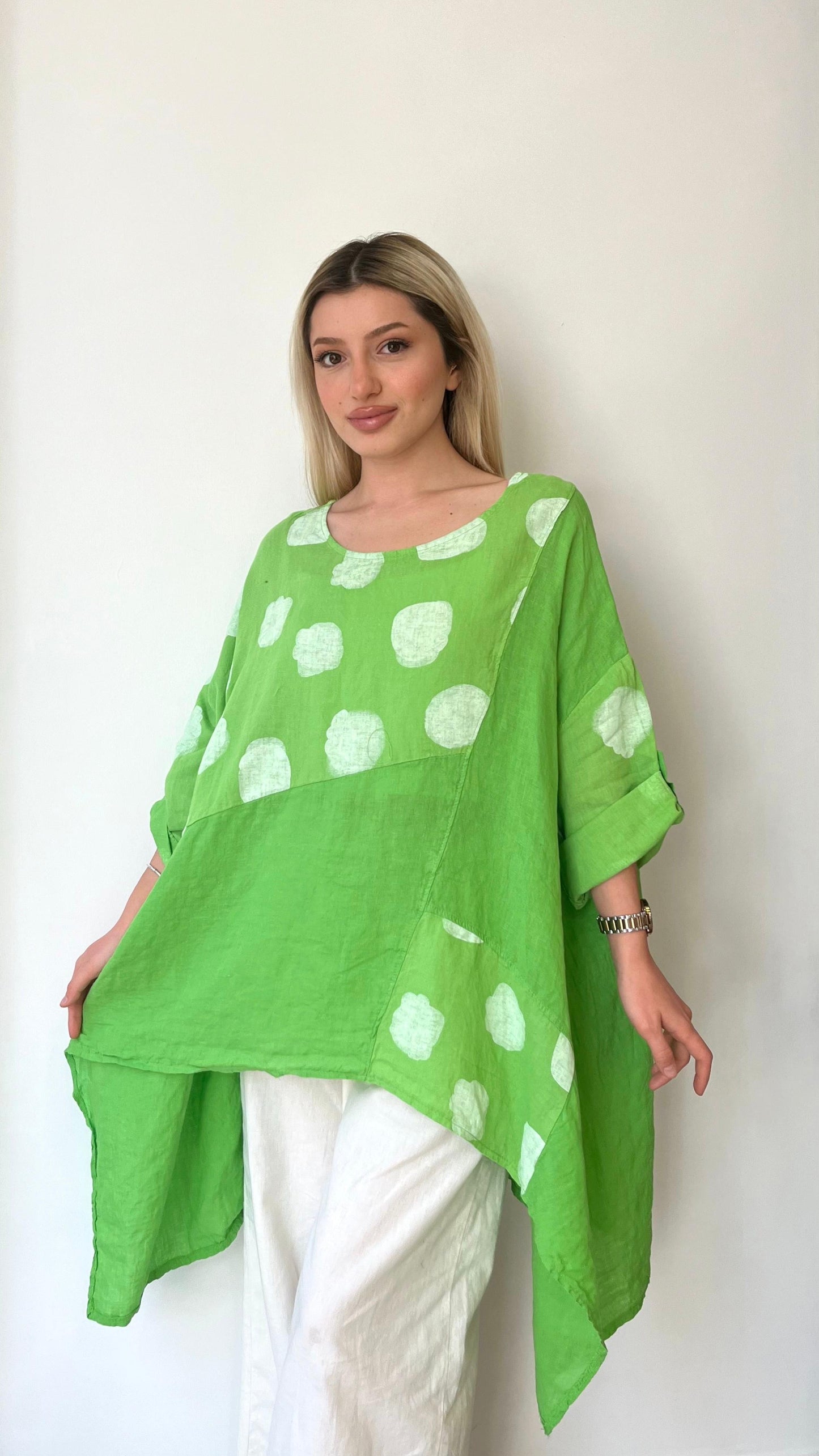 Fıstık Yeşili, Puantiyeli, Oversize Keten Bluz