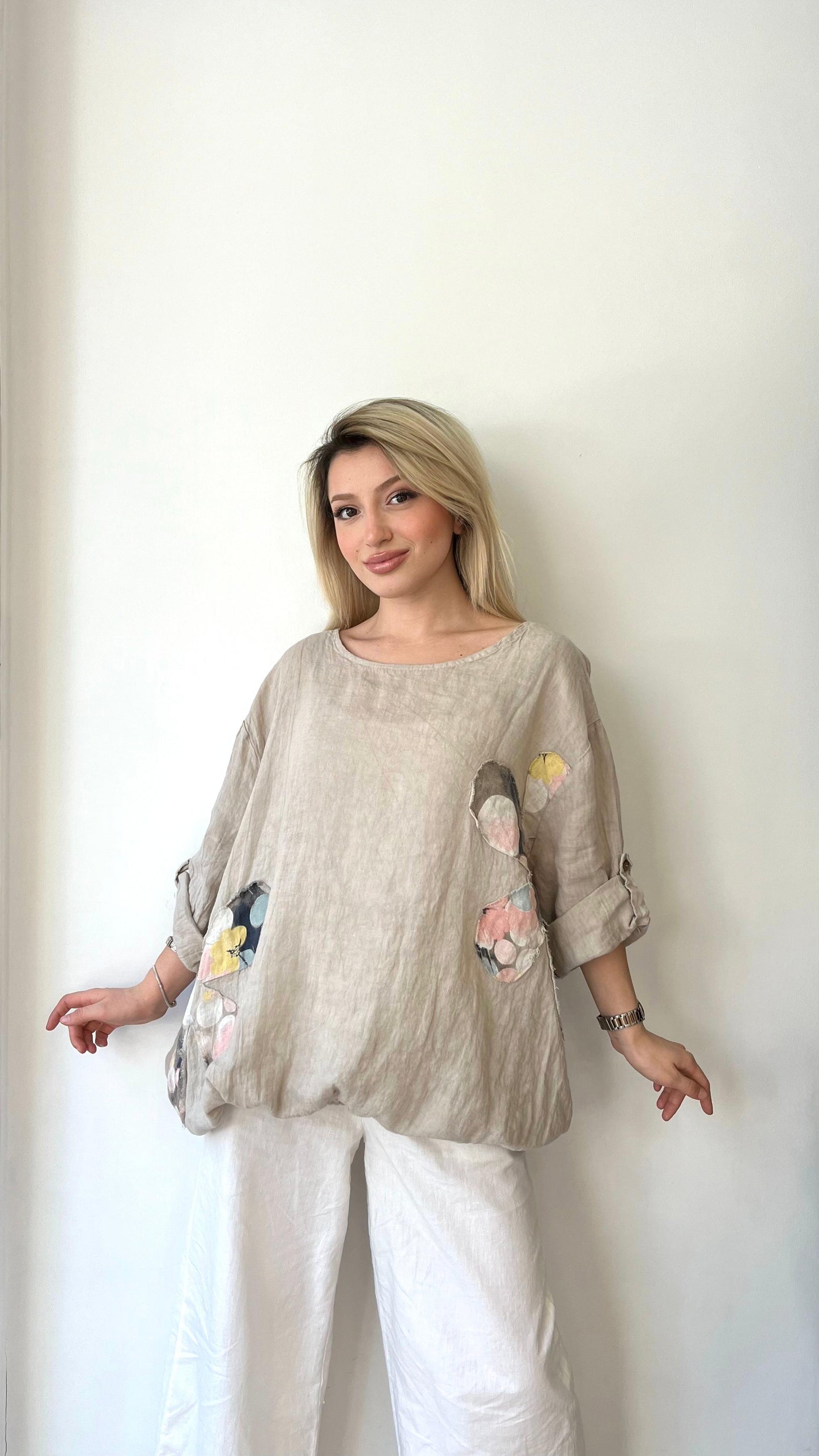 Bej, %100 Keten, Beli İp Bağlamalı, Çiçek Baskılı Gömlek