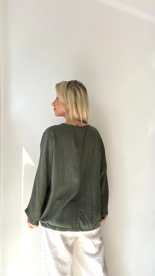 Haki, %100 Pamuk, Beli İp Ayarlı Bluz