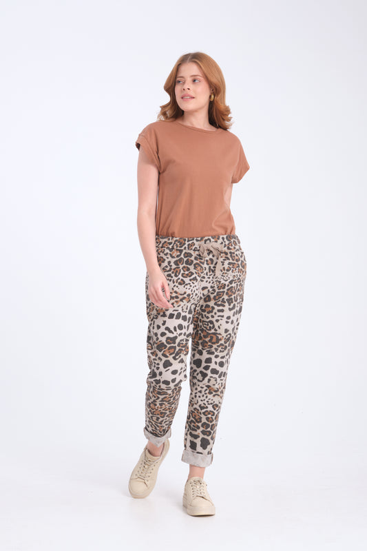 Bej, Leopar Desenli, Beli Lastikli, Cepli, Jogger Pantolon