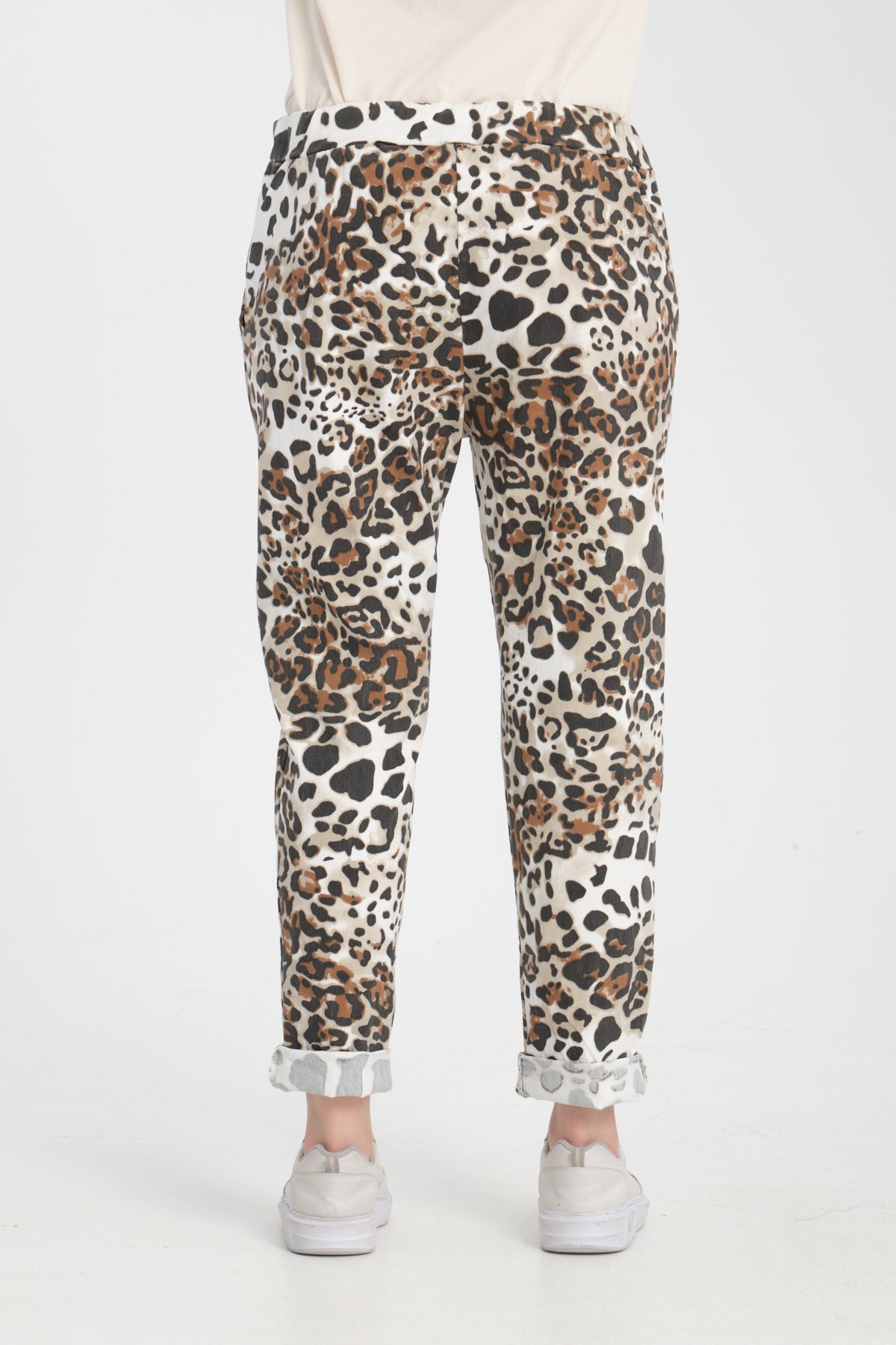 Ekru, Leopar Desenli, Beli Lastikli, Cepli, Jogger Pantolon