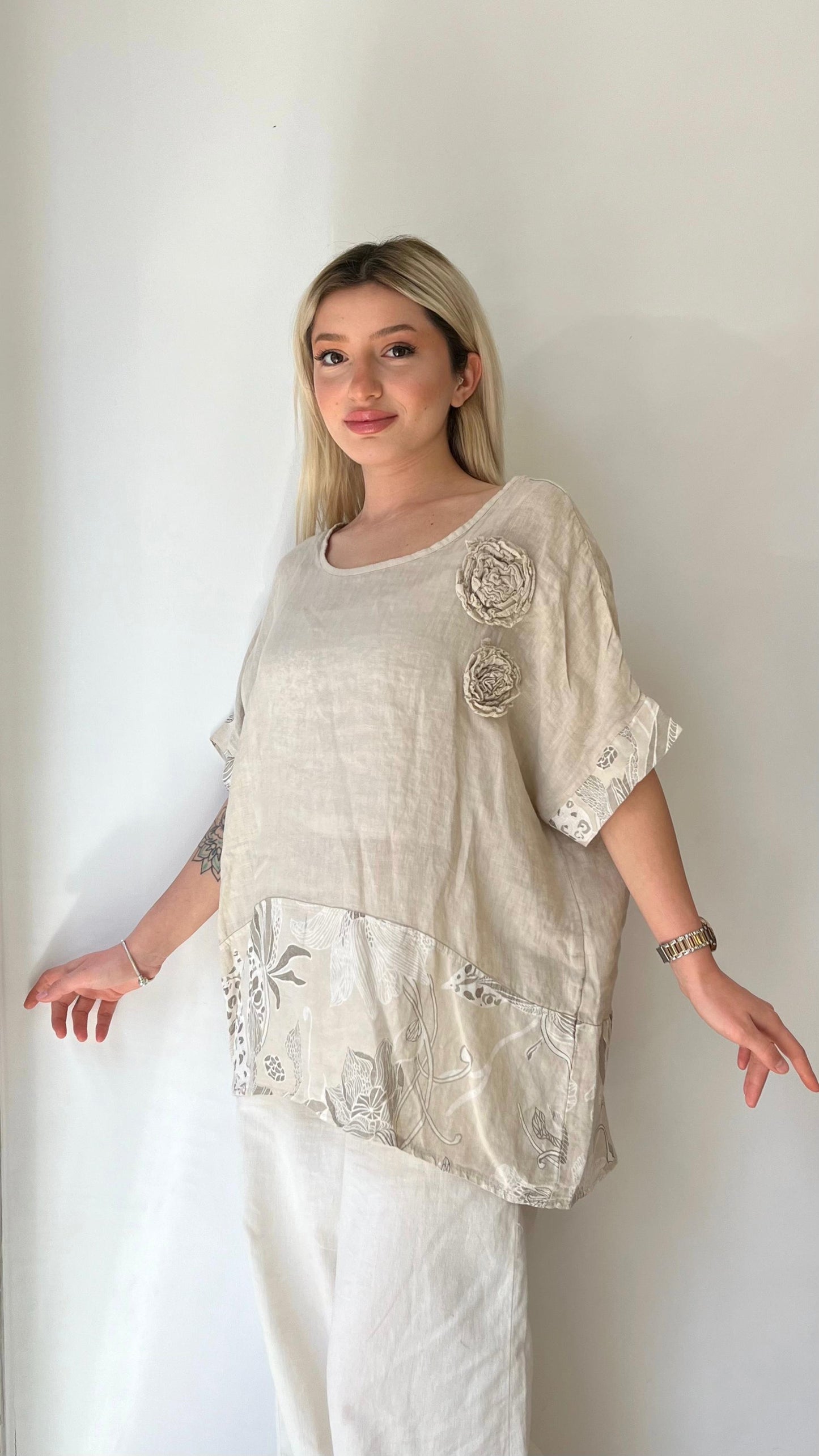 Bej, Yaprak Desenli, Keten Bluz