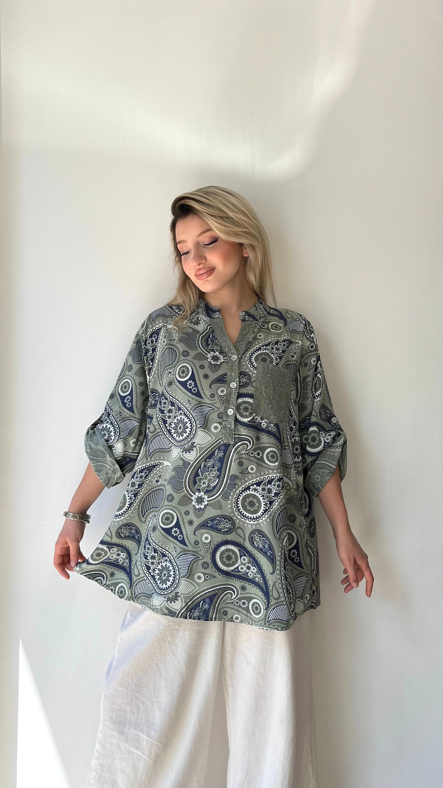 Haki Yeşil, %100 Viskon, Şal Desenli Gömlek