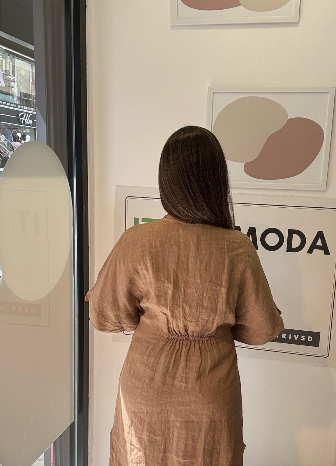 Camel, %100 Keten, V Yaka, Eteği Yanlardan Yırtmaçlı, İtalyan Kimono Elbise / STD Beden-38/46