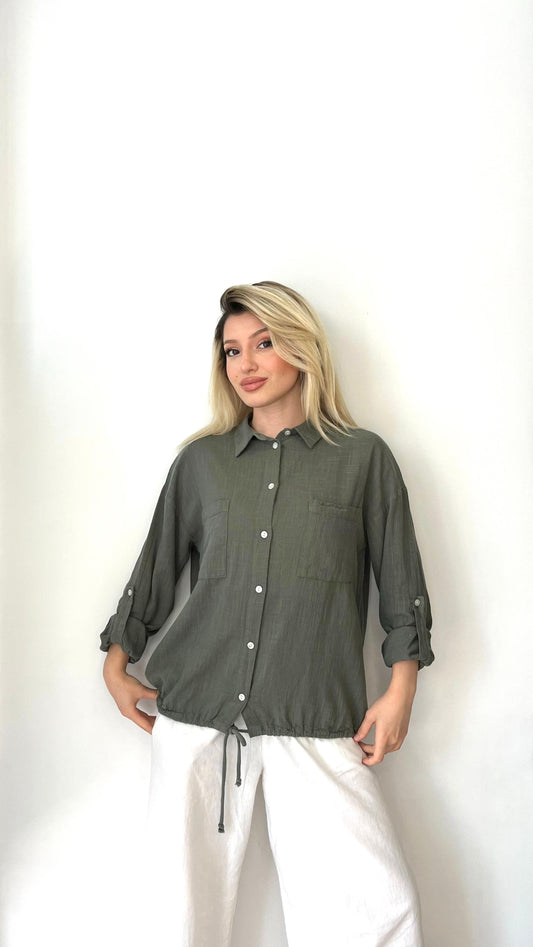 Haki, %100 Pamuk, Cepli, Beli İp Bağlamalı Gömlek