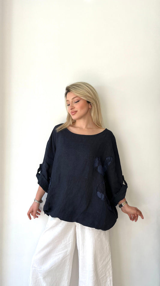 Lacivert, %100 Keten, Beli İp Bağlamalı, Çiçek Baskılı Gömlek