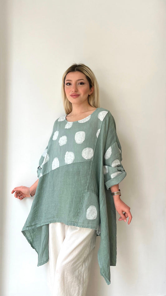 Çağla Yeşili, Puantiyeli, Oversize Keten Bluz
