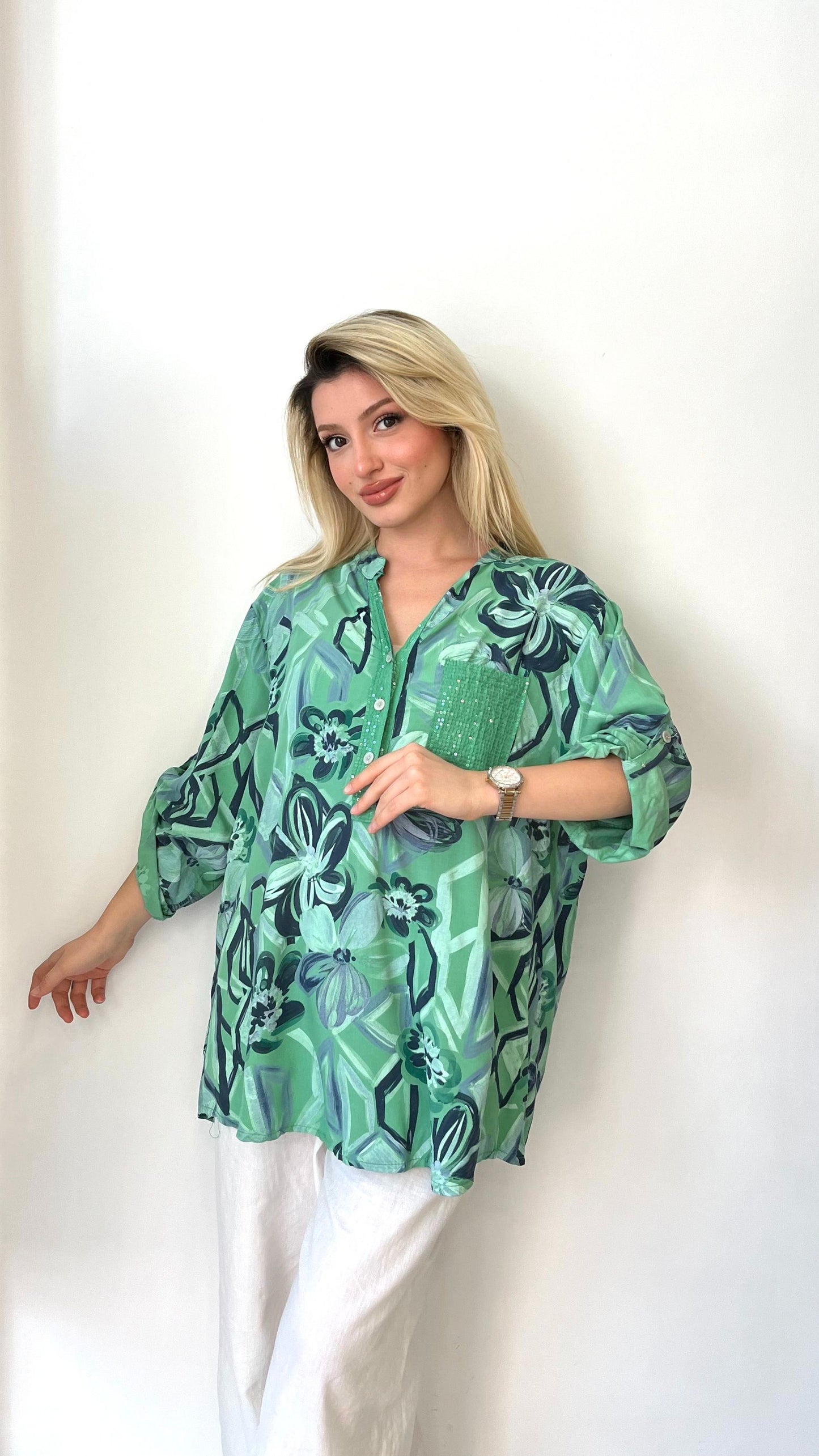 Yeşil, %100 Viskon, Çiçek ve Karışık Şekilli, Payetli Gömlek