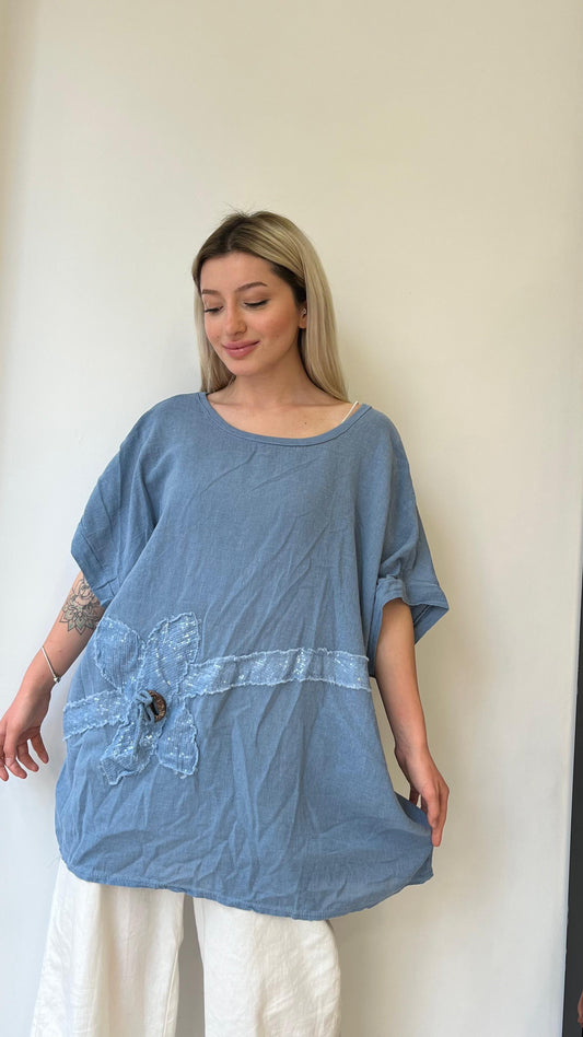İndigo Mavi, Pamuk-Keten, Oversize, Payetli Bluz